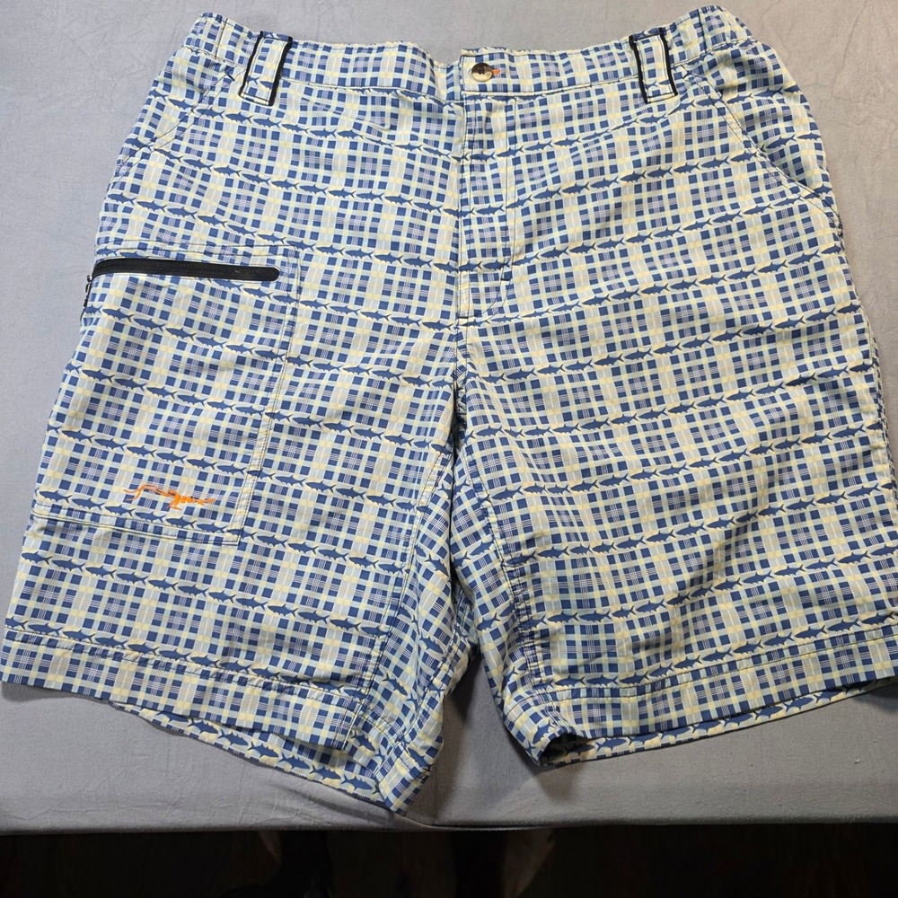 True Flies Mens Blue Shark Plaid Fishing /Swim Shorts Size L Stretch Quick Dry